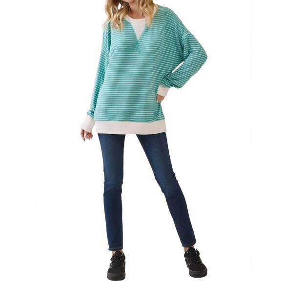 NEW 7TH RAY striped drop shoulder pullover in teal - Picture 4 of 5